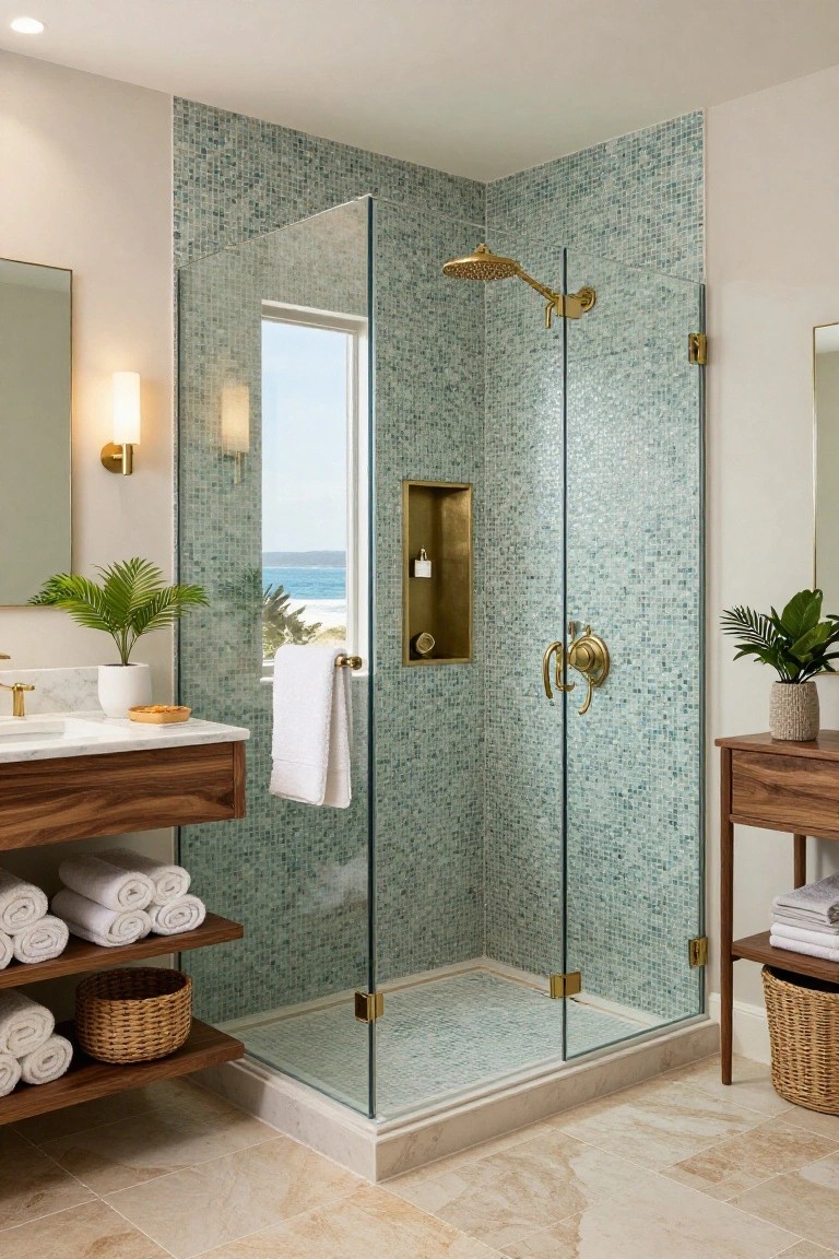 A walk-in shower enclosed by glass doors with blue-green mosaic tile walls, gold fixtures, and a window showing the ocean.
