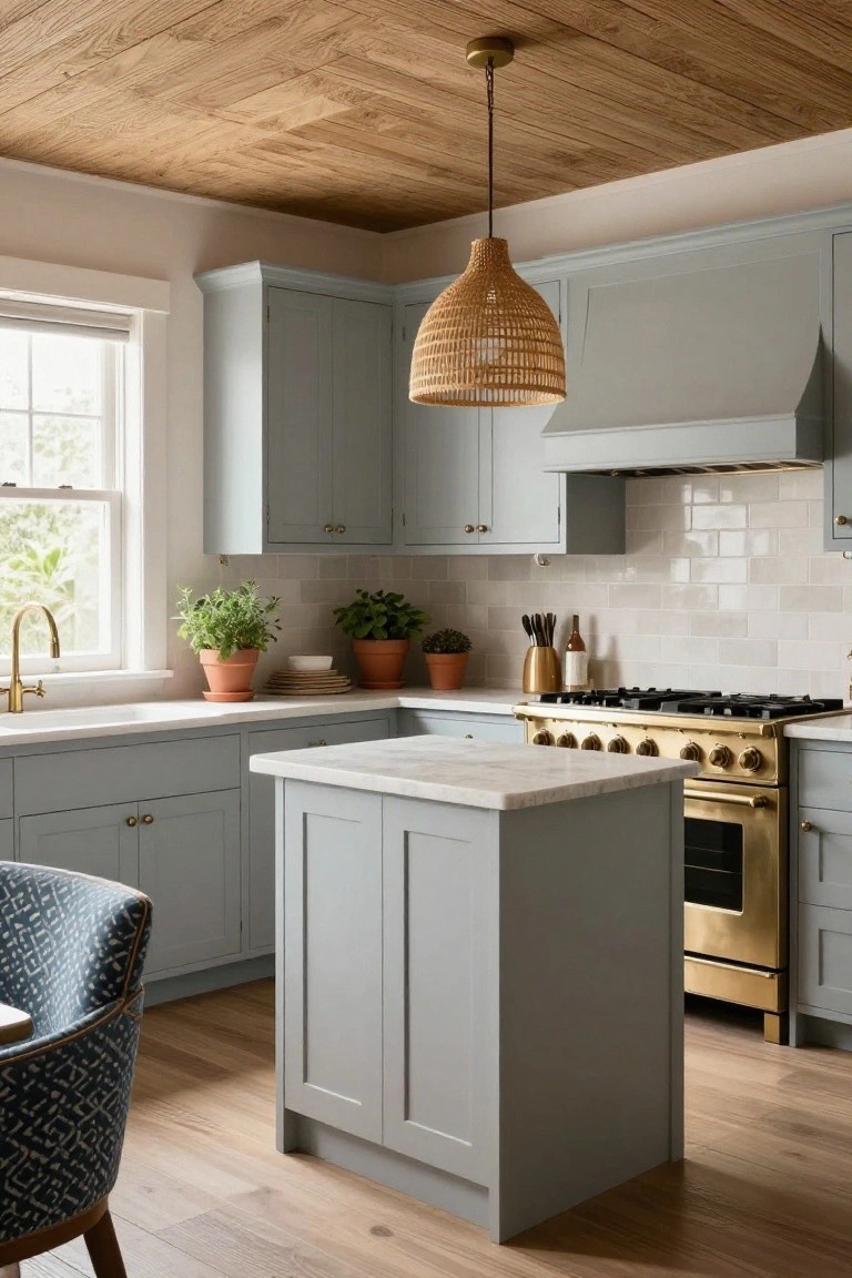 A kitchen interior with light blue-gray cabinets, a white marble island, brass range, woven pendant light, and wood ceiling.