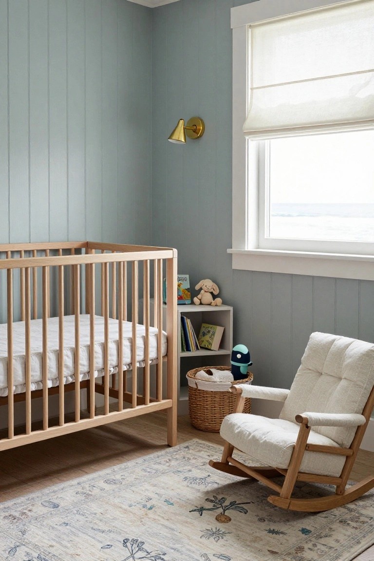A nursery room with a light wood crib, matching rocking chair, and soft blue vertical panel walls beside a window with an ocean view.