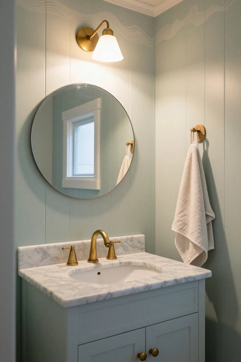Round mirror above marble sink with brass faucet on blue vanity, white towel nearby