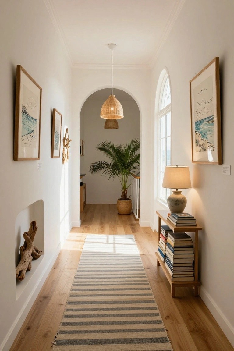 Bright hallway with striped rug, wood floors, console table, lamp, and wall art.