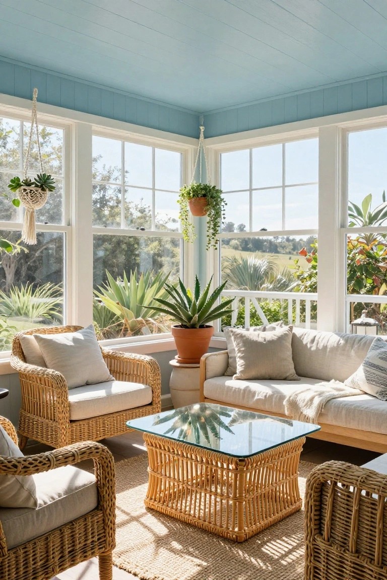 An enclosed porch with wicker sofa and armchairs around a glass coffee table, large windows, and hanging plants.