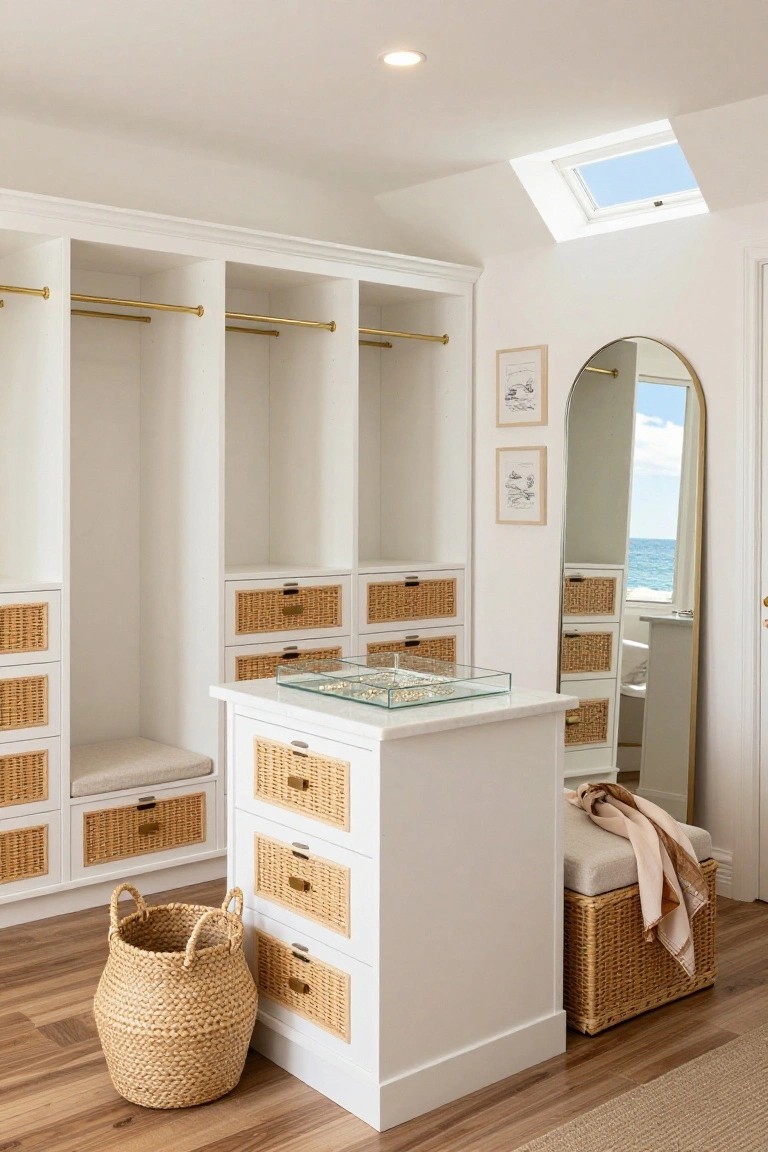 A bright white built-in closet with woven rattan basket drawers, a central island topped with a glass tray, and an arched mirror reflecting the ocean.