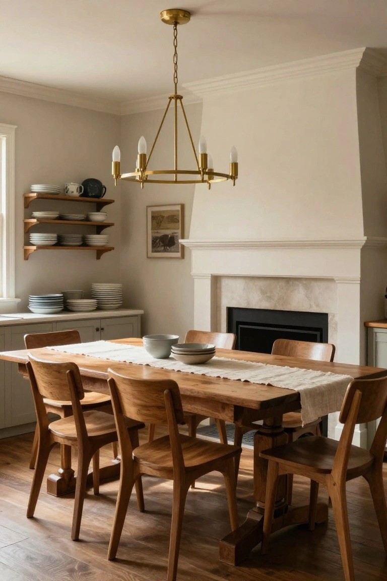 A dining room with a long wooden table and chairs, open shelving with dishes on the left wall, and a white fireplace mantel under a brass chandelier.