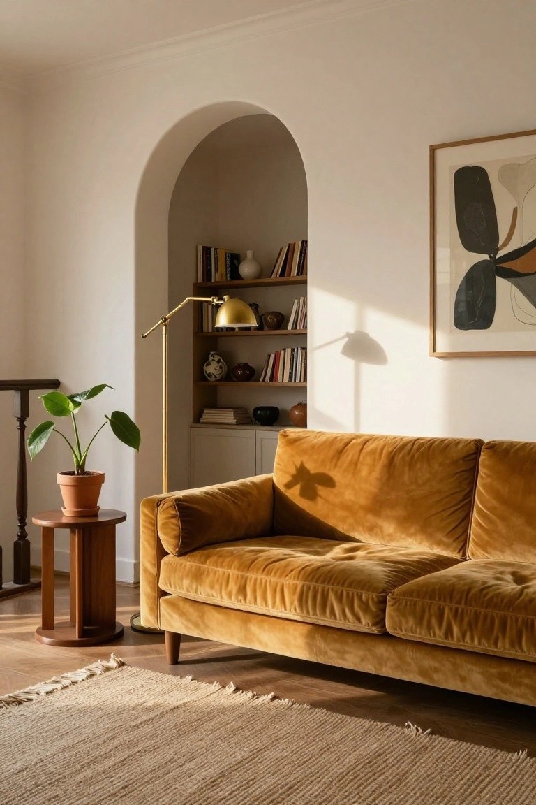 A living room with a mustard velvet sofa positioned in front of an arched built-in bookshelf, a brass floor lamp, and a potted plant on a wooden side table.