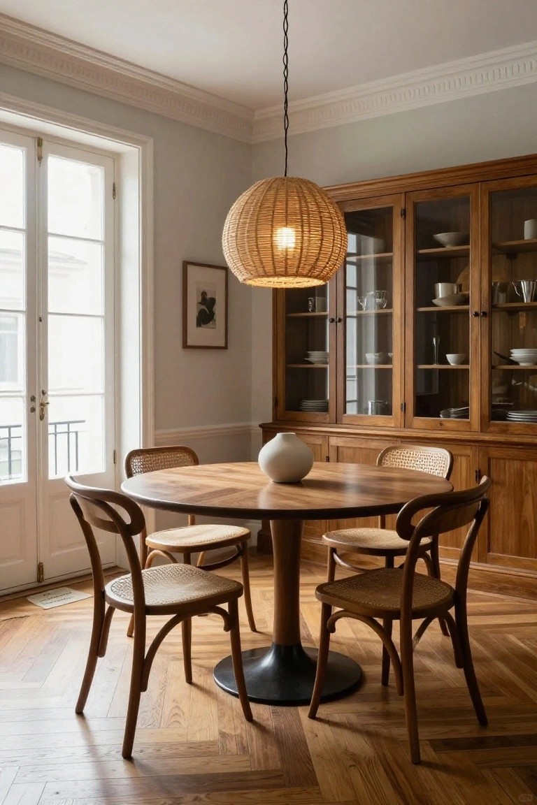 A dining room features a round wooden table with a black pedestal base, four classic bentwood chairs with woven seats, a tall wooden hutch with glass doors, and a large woven pendant light.