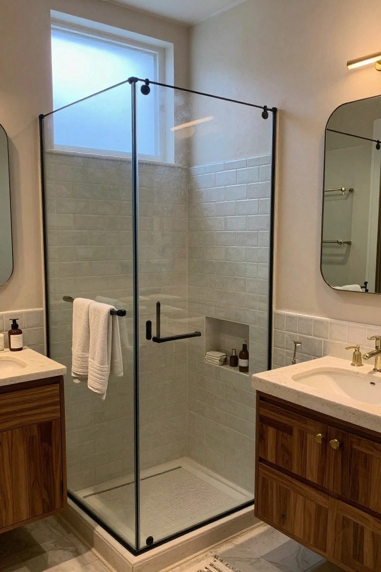 A bathroom with two floating wood vanities topped with white marble, a large glass shower with light subway tile, and a round mirror above one sink.