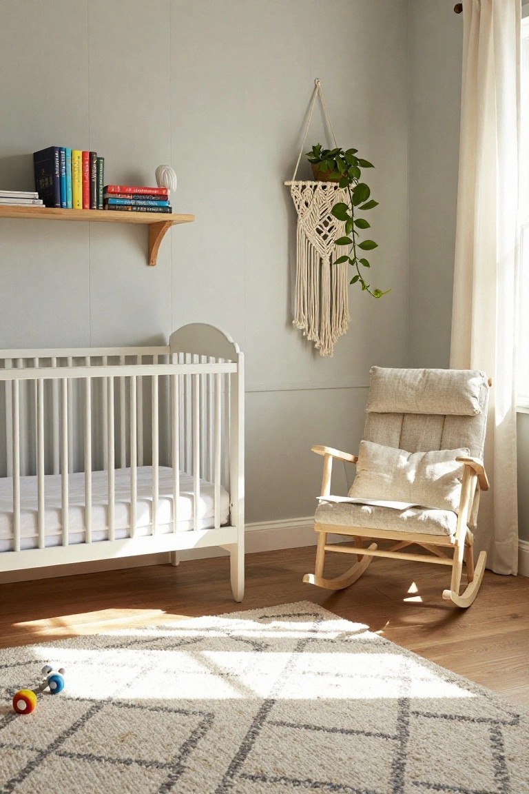 A white crib and wooden rocking chair in a light neutral nursery with a macrame wall hanging above the chair and books on a floating shelf.