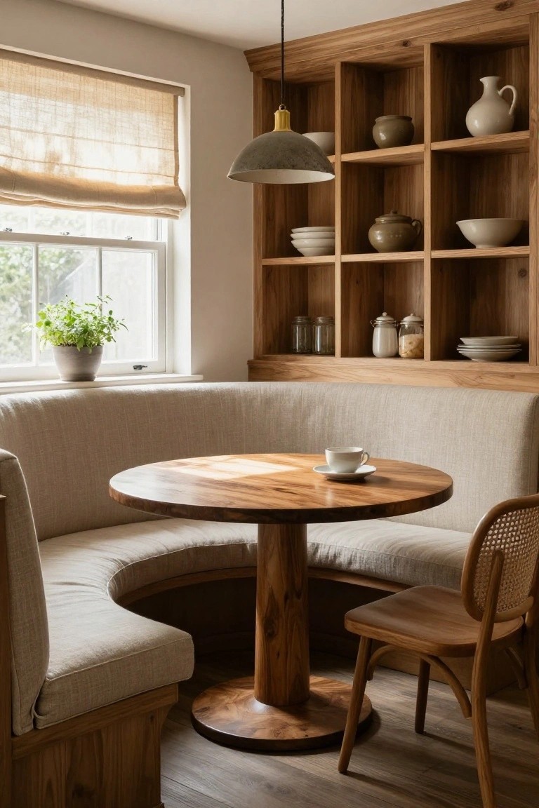 A round wooden table sits in front of a curved built-in banquette with open wooden shelves holding dishes and pottery above it.
