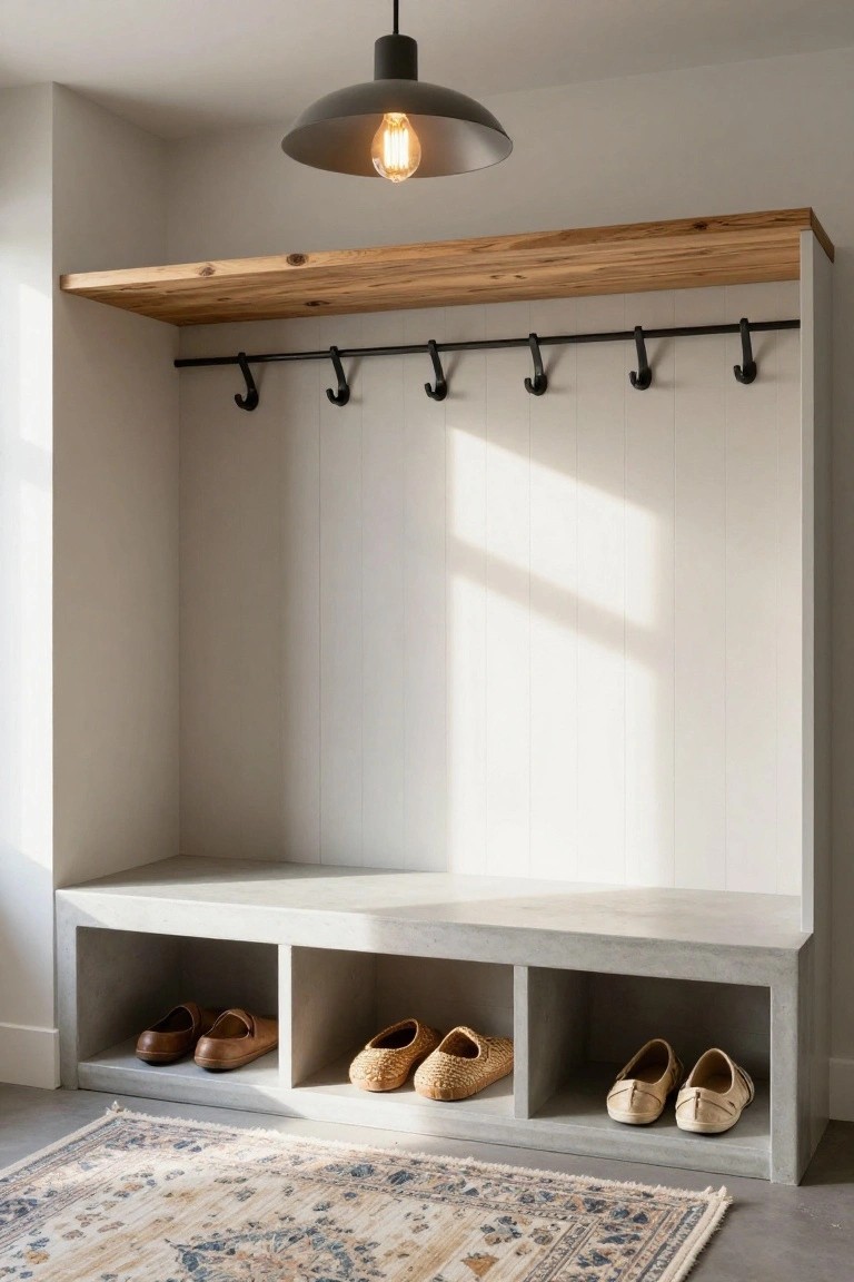 A built-in concrete bench with three open cubbies holding shoes, black hooks mounted on white vertical paneling, and a wooden shelf above.