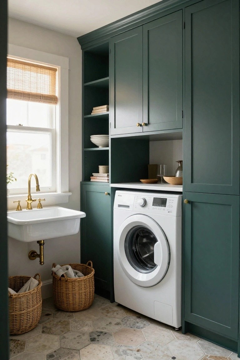 A utility room with dark green built-in cabinets surrounding a white front-loading washing machine, a white farmhouse sink beside a window, and two wicker baskets on a stone tile floor.