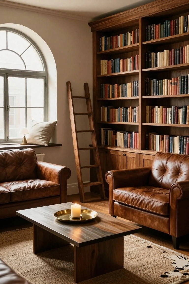 A living room featuring tall wooden built-in bookshelves filled with books, a wooden rolling ladder leaning against them, two brown leather armchairs, a wooden coffee table with a candle, and an arched window on the left.