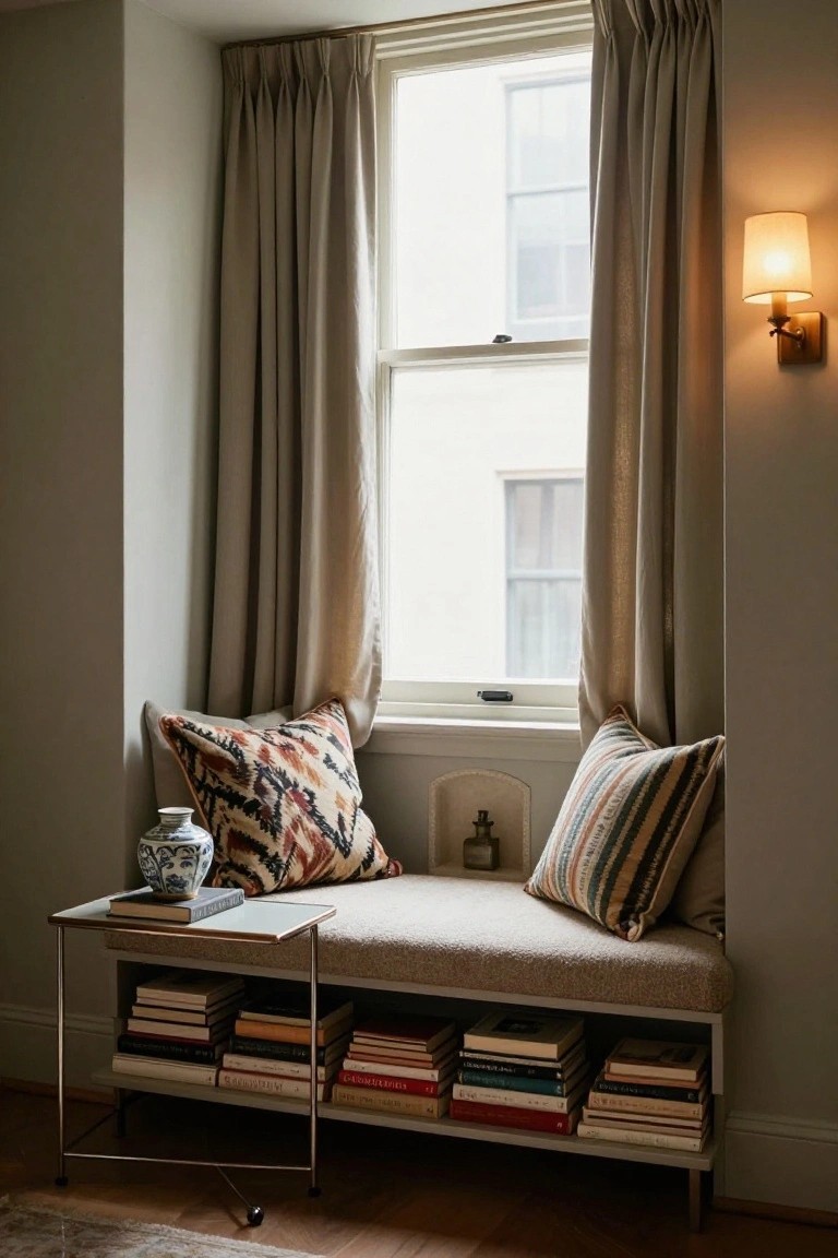 A built-in window bench with beige upholstery, patterned pillows, and open shelves holding stacked books beneath the seat, next to a small side table.