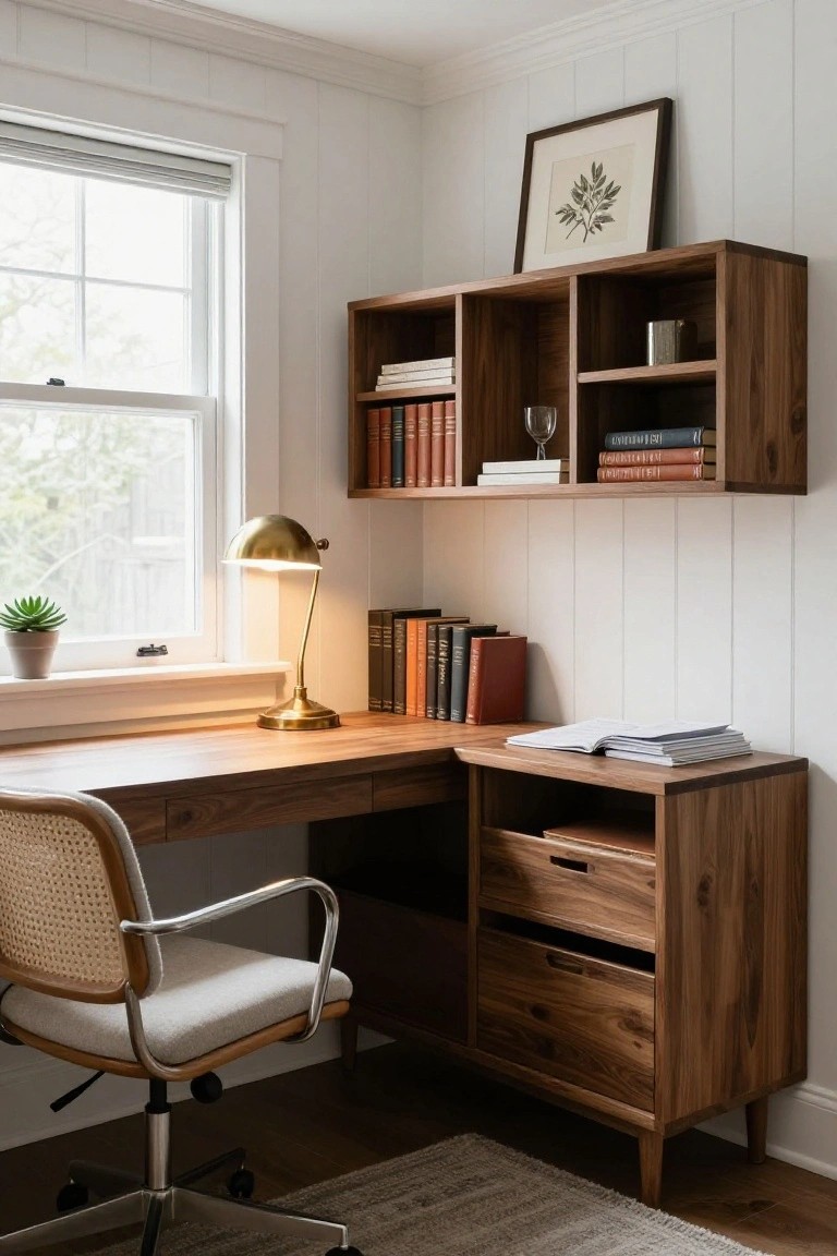 A wooden L-shaped built-in desk with upper open shelving, lower cabinets and drawers, a woven office chair, brass lamp, and books arranged in a home office corner.