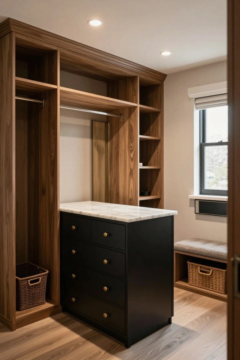 Modern wooden closet with hanging rods, black marble island, wicker baskets, and window bench