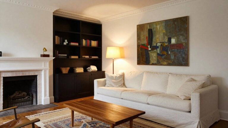 22 Seamless Transitional Interior Design Ideas That Blend Old and New A living room with a red brick fireplace, abstract painting above the mantel, black built-in bookshelves filled with books, a white sofa, wooden coffee table, and brown leather chair on a patterned rug.