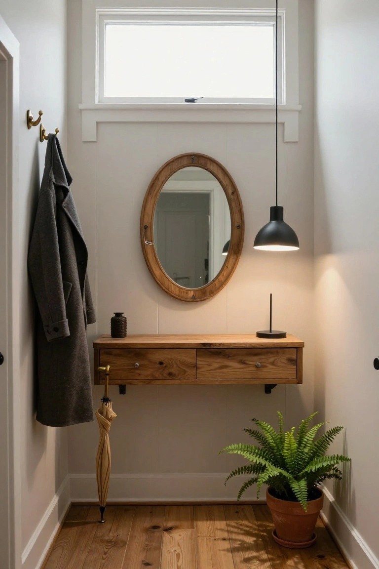 A narrow entryway with white walls shows a floating wooden console table under a round wood-framed mirror, a black pendant light, brass coat hooks with a gray coat, a closed umbrella, and a potted fern on wood flooring.