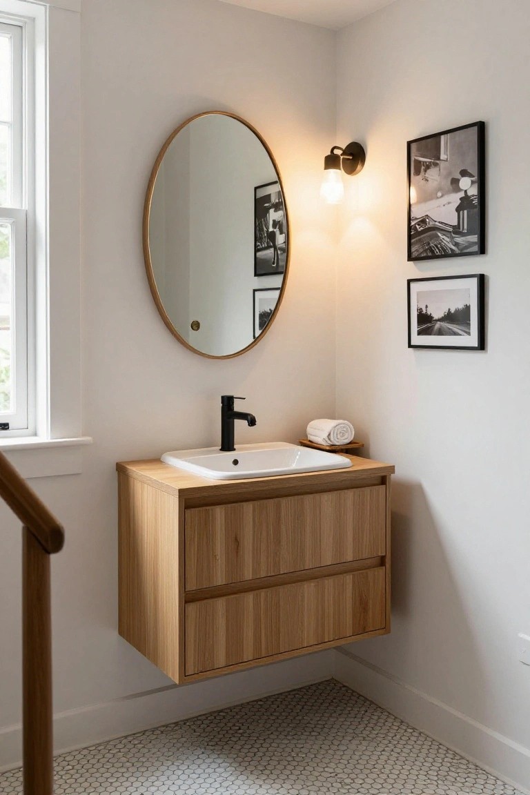 A bathroom interior showing a floating light wood vanity with a white undermount sink, black faucet, round mirror above it, and two framed photos on the wall to the right.