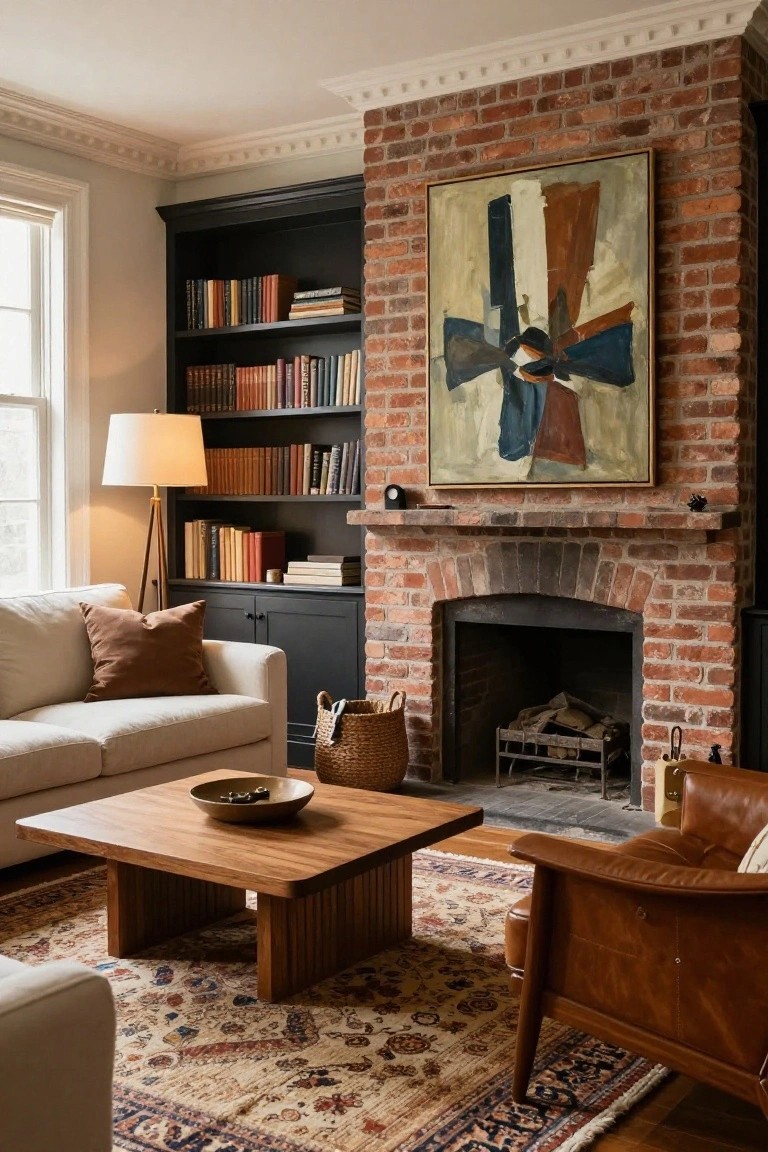 A living room with a red brick fireplace, abstract painting above the mantel, black built-in bookshelves filled with books, a white sofa, wooden coffee table, and brown leather chair on a patterned rug.