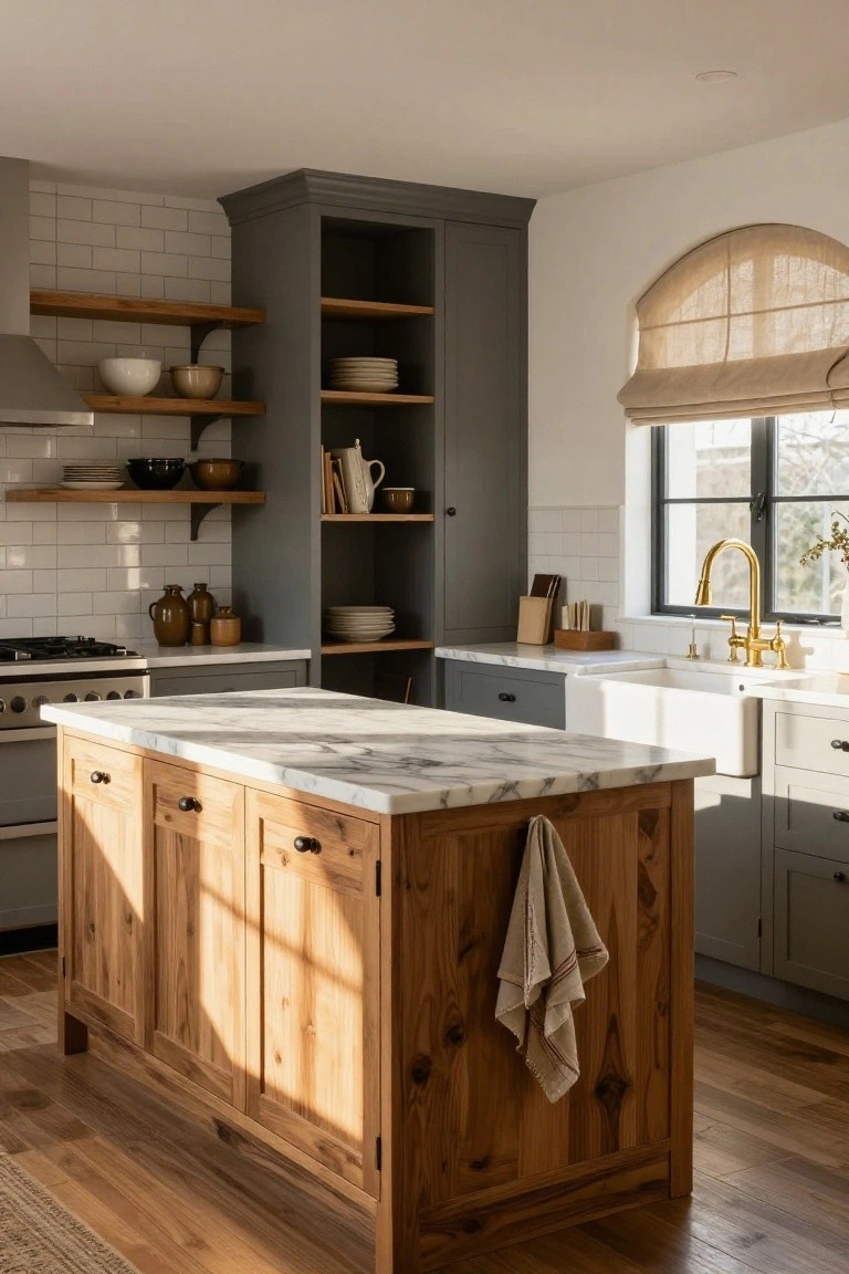 Rustic kitchen with wooden island, marble countertop, gray cabinets, and gold faucet.