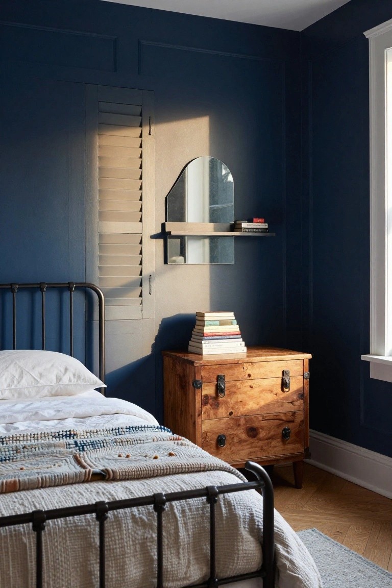 Cozy bedroom with navy walls, wooden dresser, arched mirror, stacked books, and iron bed.