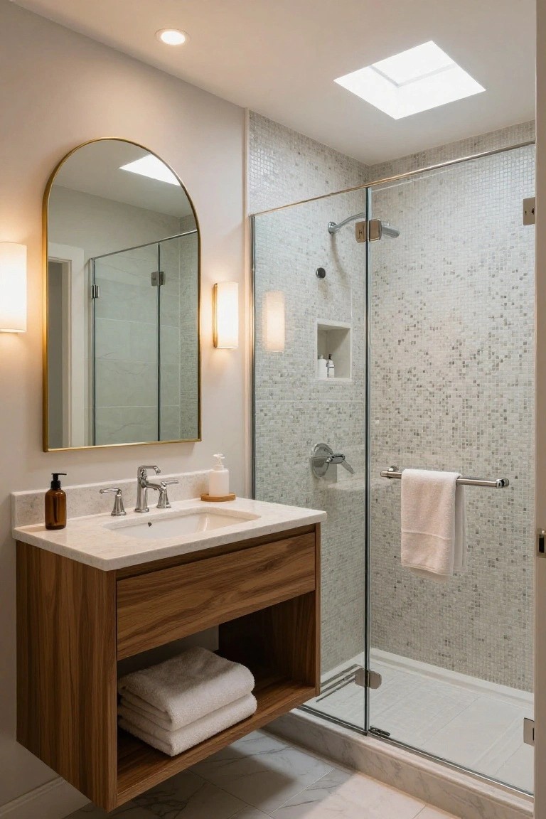 A bathroom vanity with a wood cabinet, white marble countertop, and gold-framed arched mirror sits beside a glass shower with light mosaic tile.