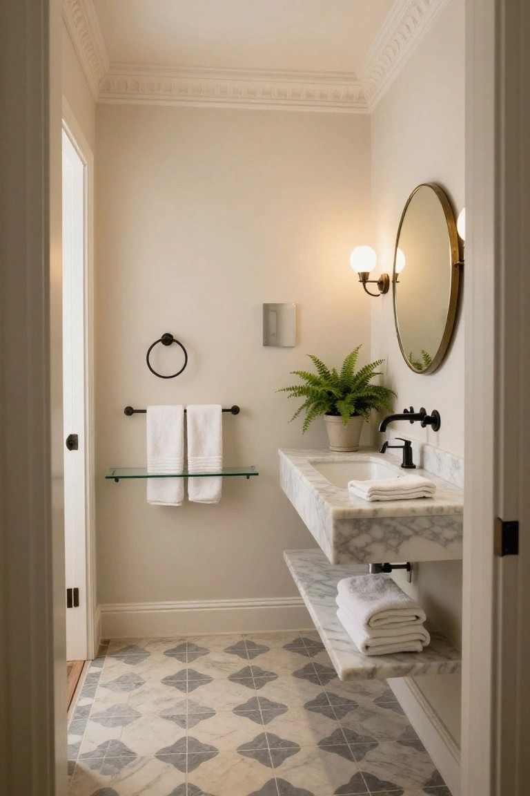 A bathroom interior with a marble floating vanity, black faucet, round mirror with wall sconces, folded white towels, patterned floor tile, and crown molding on the ceiling.