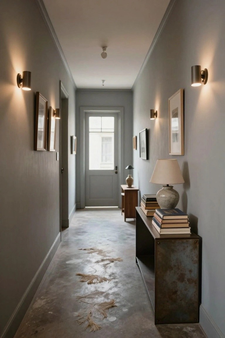 A long gray hallway with wall sconces, framed art, a narrow console table holding books and a lamp on the right, and dried plants scattered on the floor.