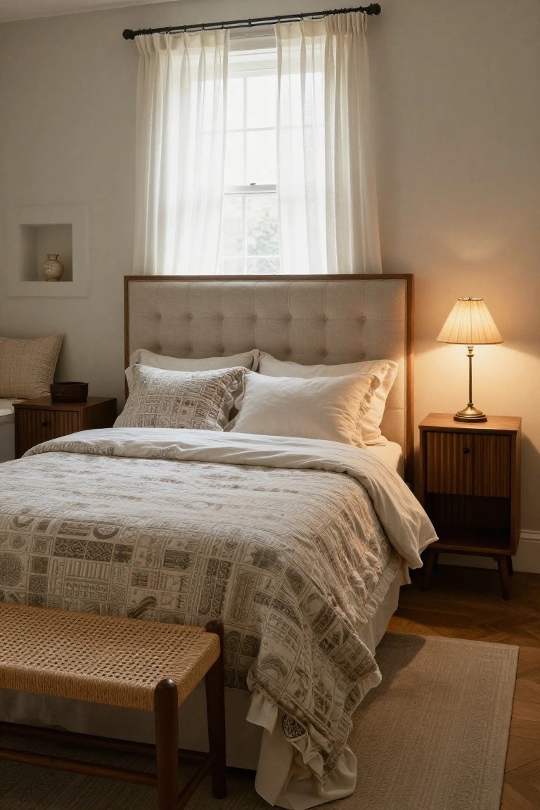 A bedroom with a tufted upholstered headboard, patterned bed coverlet, white pillows and linens, wooden nightstands, sheer curtains on a window, and a woven bench at the foot of the bed.