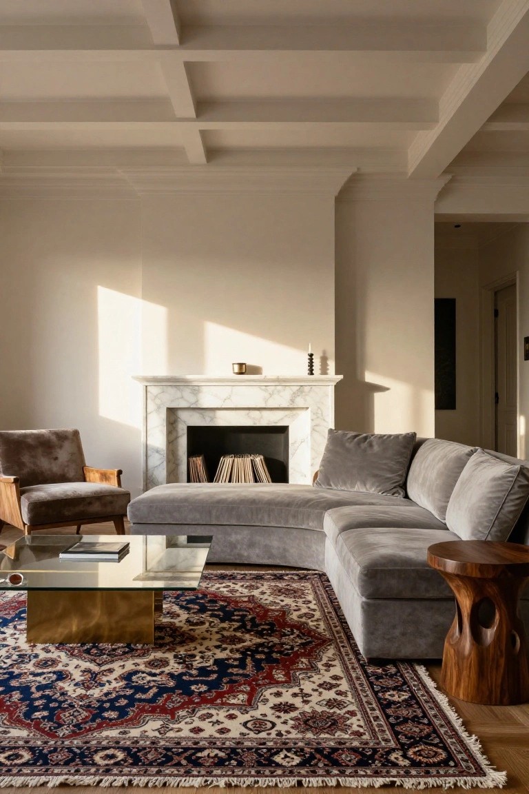 A living room featuring a gray velvet sectional sofa, marble fireplace mantel, glass coffee table, wooden armchair, patterned rug, and wooden side table.