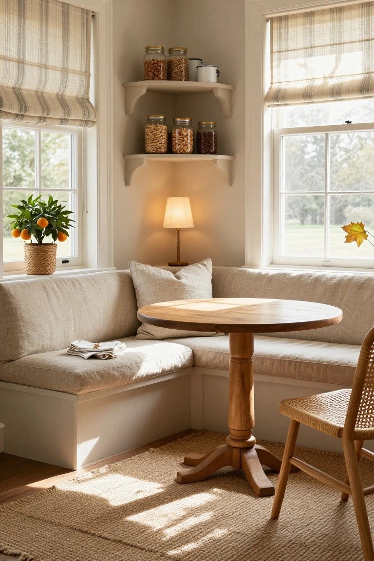A corner interior with a built-in beige bench, round wooden table, corner shelves holding glass jars, a small lamp, and windows with striped shades.