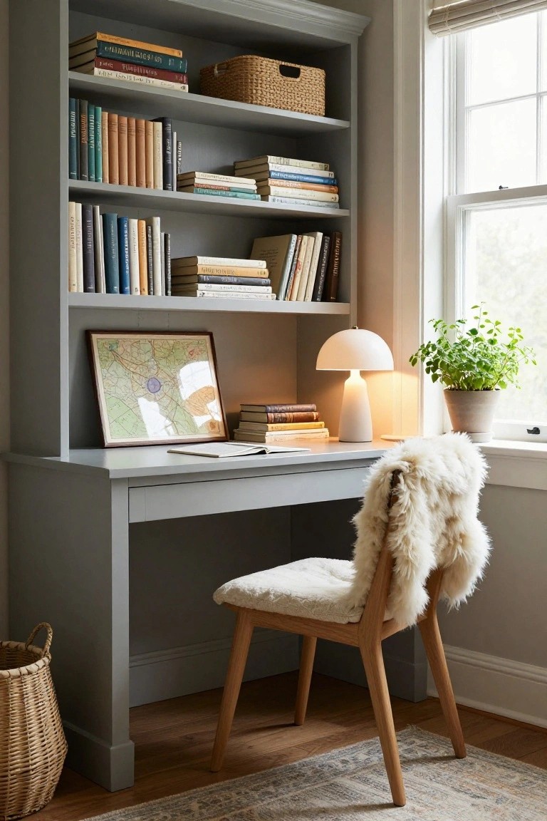 A gray built-in desk and bookshelf unit with books, an open notebook, a lamp, and a framed map, next to a window with a potted plant and a wooden chair with a white throw.