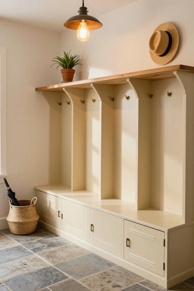 A cream-colored built-in storage unit with open cubbies, brass hooks, lower cabinets, and a wooden top shelf in a tiled entry space.