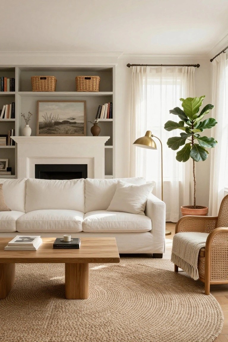 Bright living room with white sofa, wooden coffee table, fiddle-leaf fig, and woven rug.