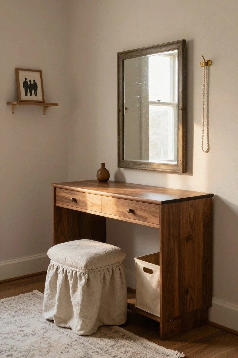 A wooden console table with drawers stands under a wall mirror, paired with a fabric-covered stool and a canvas storage basket on a hardwood floor.