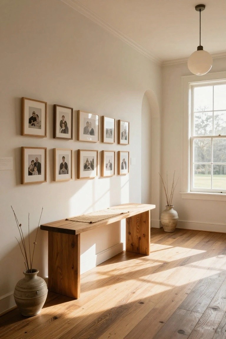 A long wooden bench sits beneath two rows of framed black and white family photos on a white wall in a sunlit hallway with hardwood floors.