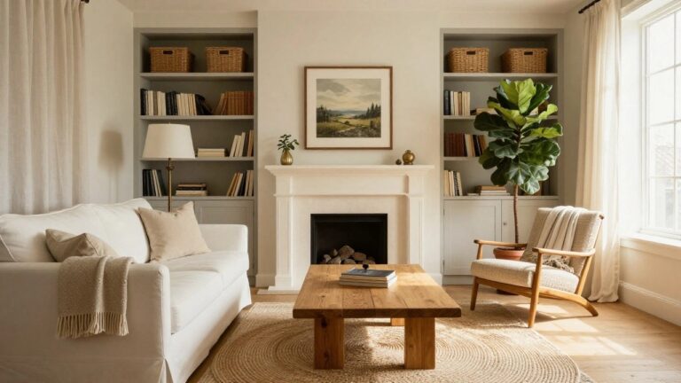 Bright living room with white sofa, wooden coffee table, fiddle-leaf fig, and woven rug.