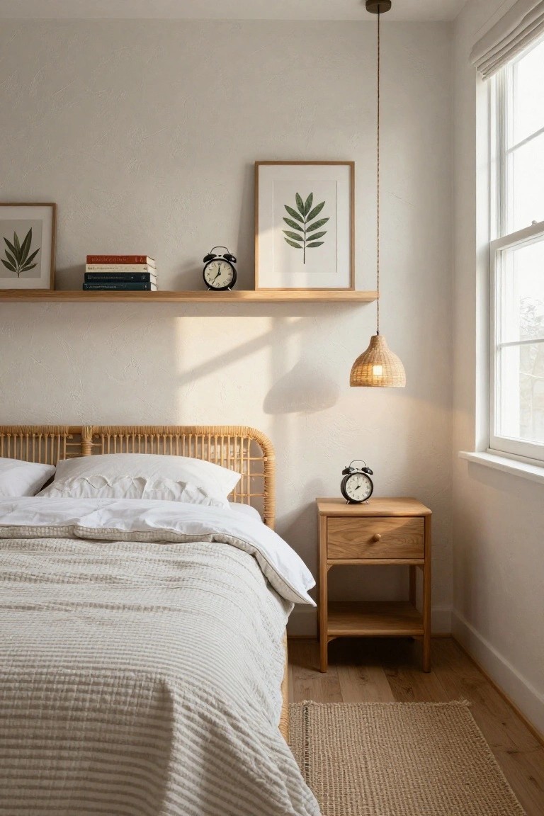 A bedroom interior with a wooden floating shelf mounted above a bed with white linens, holding a stack of books and a black alarm clock, next to framed art on the wall.