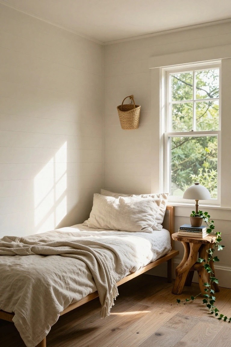 A bright bedroom corner with a low wooden bed made with rumpled off-white linen sheets and pillows, a rustic wooden side table holding books and a small plant beside a large window, and a woven basket hanging on the white paneled wall.