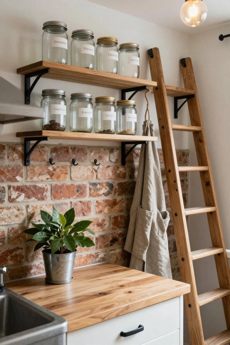 Rustic kitchen with labeled glass jars on wooden shelves against exposed brick wall.