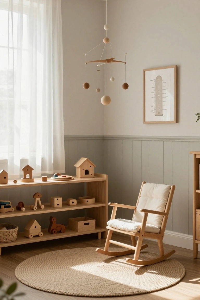 A neutral nursery features a wooden rocking chair with a white cushion, low open shelves holding wooden toys, and a hanging wooden mobile against sage green wainscoting.