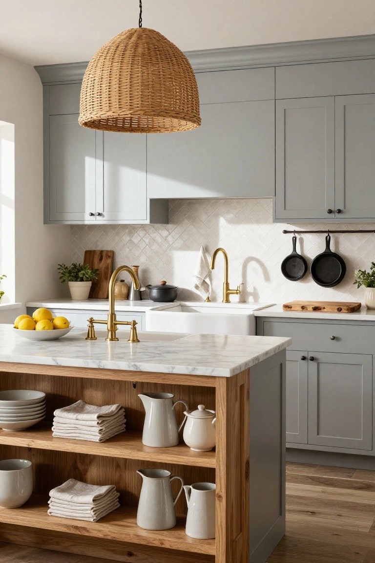 A bright kitchen with gray cabinets, a marble-topped island featuring open wooden shelves stocked with dishware and linens, gold faucets, and a large woven pendant light.