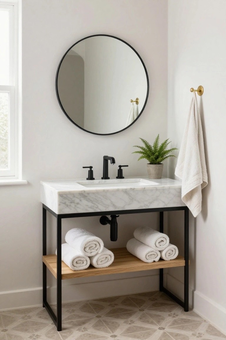 A bathroom vanity with a white marble countertop on a black metal frame, a wooden lower shelf holding rolled white towels, a round black mirror above, and a potted plant on the counter.