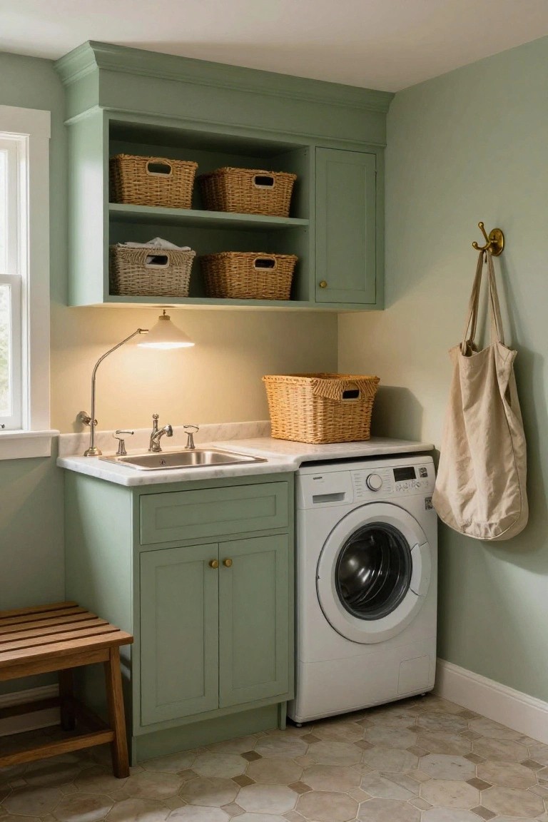 A utility room featuring sage green built-in cabinets with open shelving holding woven baskets, a white front-loading washing machine, and a stainless steel sink under a marble countertop.