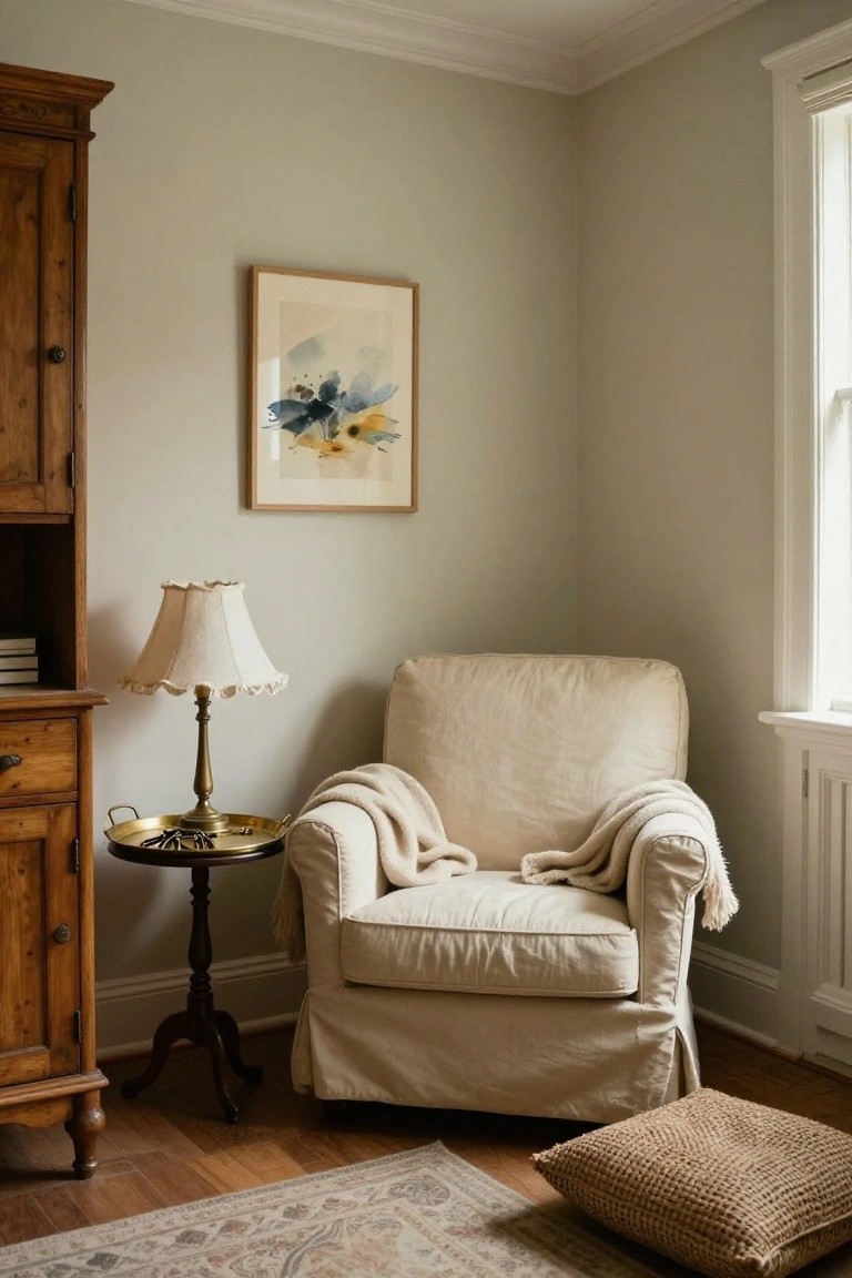 A cream slipcovered armchair with a draped throw sits beside a small wooden side table holding a lamp, with framed art on the wall above.