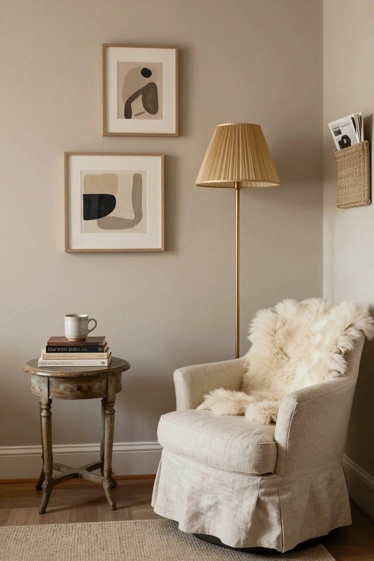 A neutral slipcovered armchair with a sheepskin throw sits beside a brass floor lamp, with abstract art above and a small table holding books and a mug.