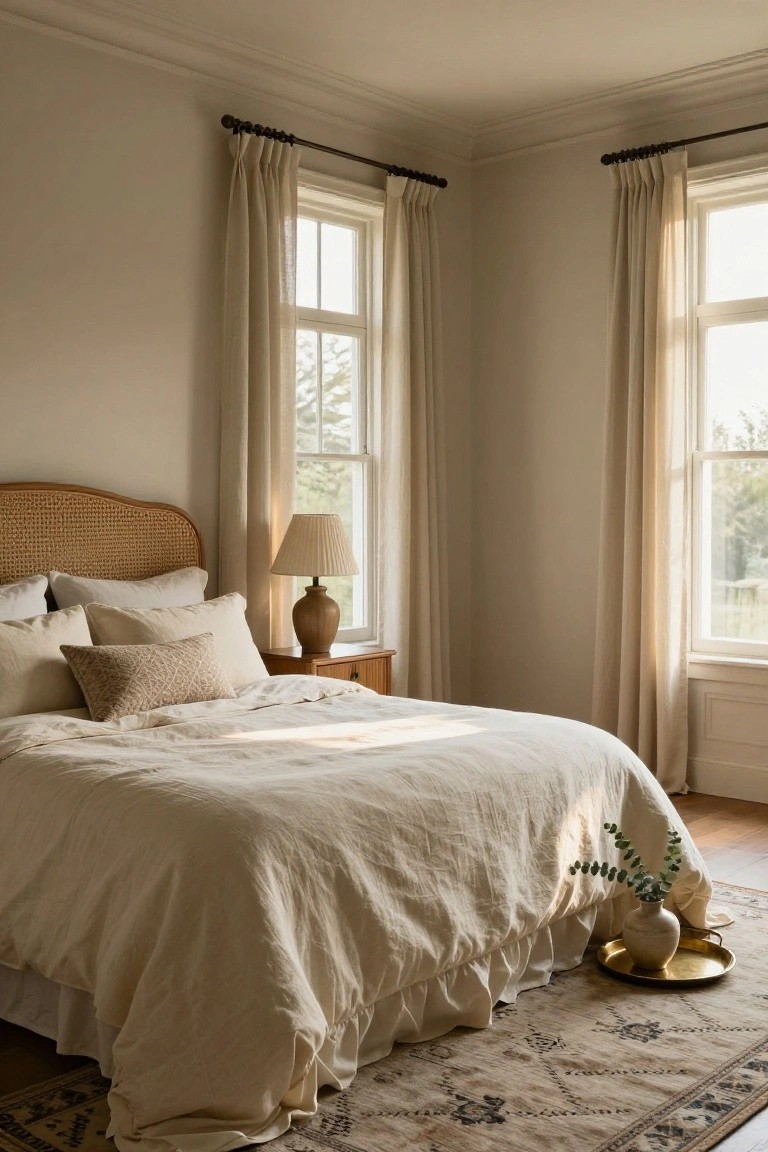 Sunlit bedroom with white linen bed, rattan headboard, and curtained windows