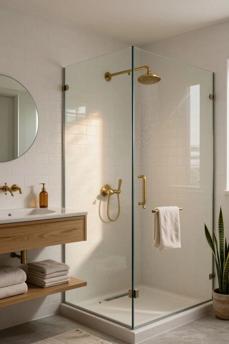 A modern bathroom interior showing a glass shower with brass fixtures and white subway tile, next to a floating wood vanity with a round mirror and folded towels.