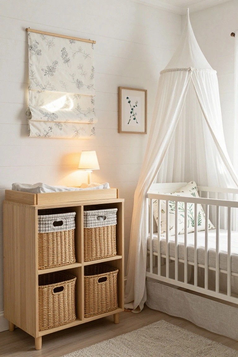 A light wood changing table with four woven baskets on open shelves sits beside a white crib with a draped canopy in a neutral nursery.