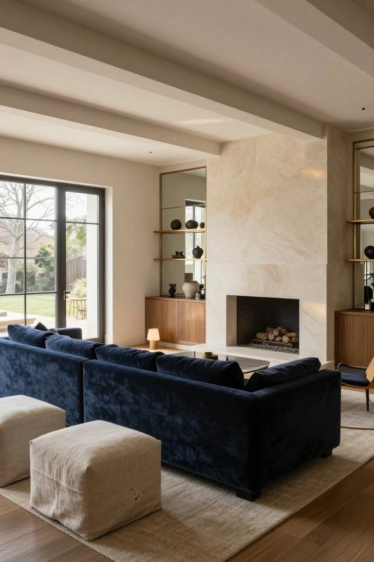 A spacious living room with a large navy velvet sectional sofa facing a marble fireplace, flanked by built-in shelves and two light-colored ottomans on a beige rug.